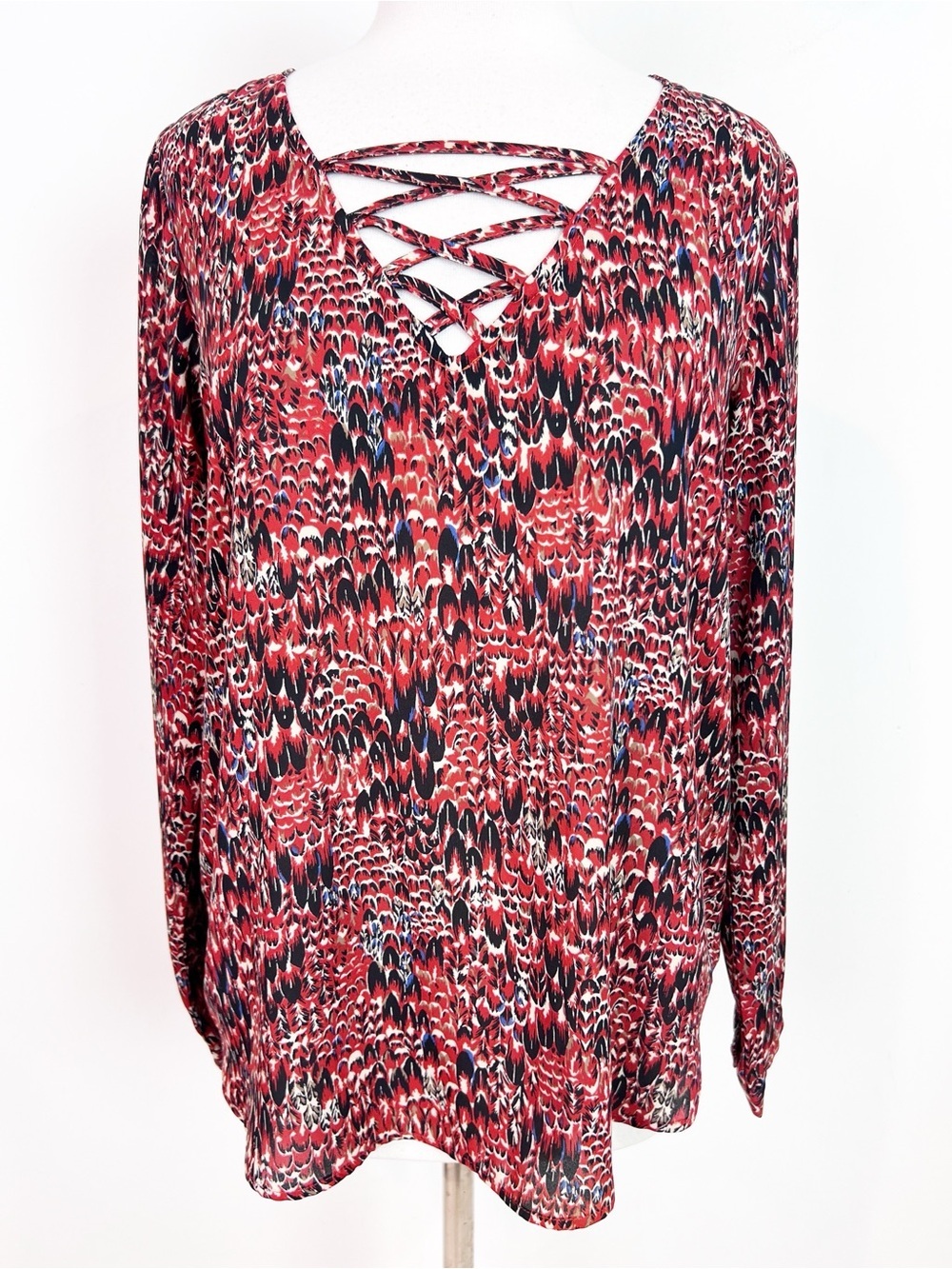 VERONICA M RUST BROWN NAVY PATTERN LONG SLEEVE BLOUSE WOMENS LARGE